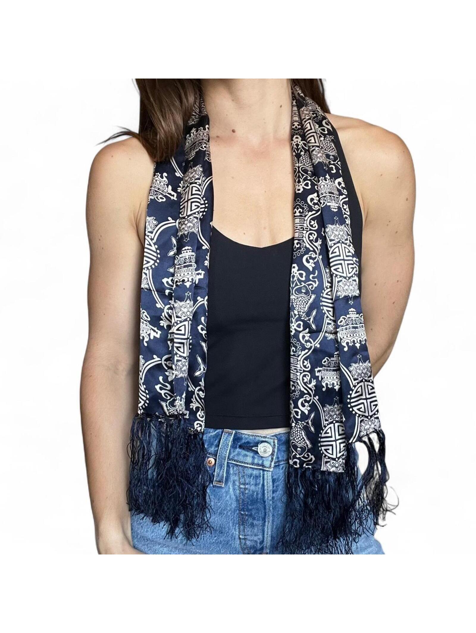 Navy Blue Silk Scarf With Geometric Patterns